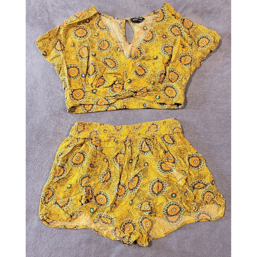 Liz Banks Limited Mustard Yellow Medallion Crop Top and Shorts Set Boho XL